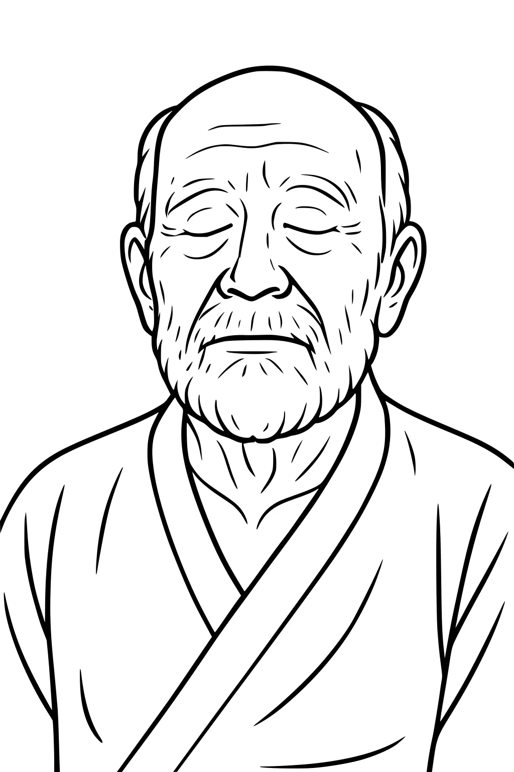 Elderly grandpa with closed eyes, bald head and short beard, wearing a wrap robe; black-and-white line art portrait.