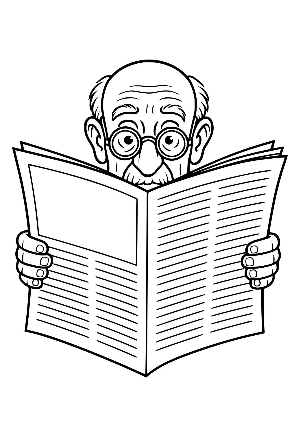 Elderly grandpa with round glasses peeks over a wide open newspaper, holding both sides with his hands; simple cartoon line art.