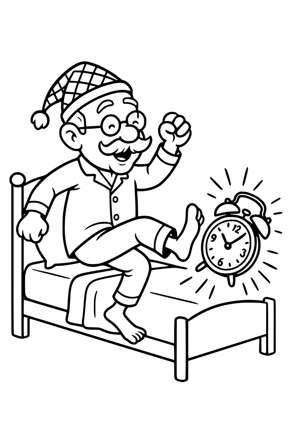 Smiling grandpa in pajamas and nightcap on a bed lifts his foot toward a ringing alarm clock; glasses, mustache, blanket.