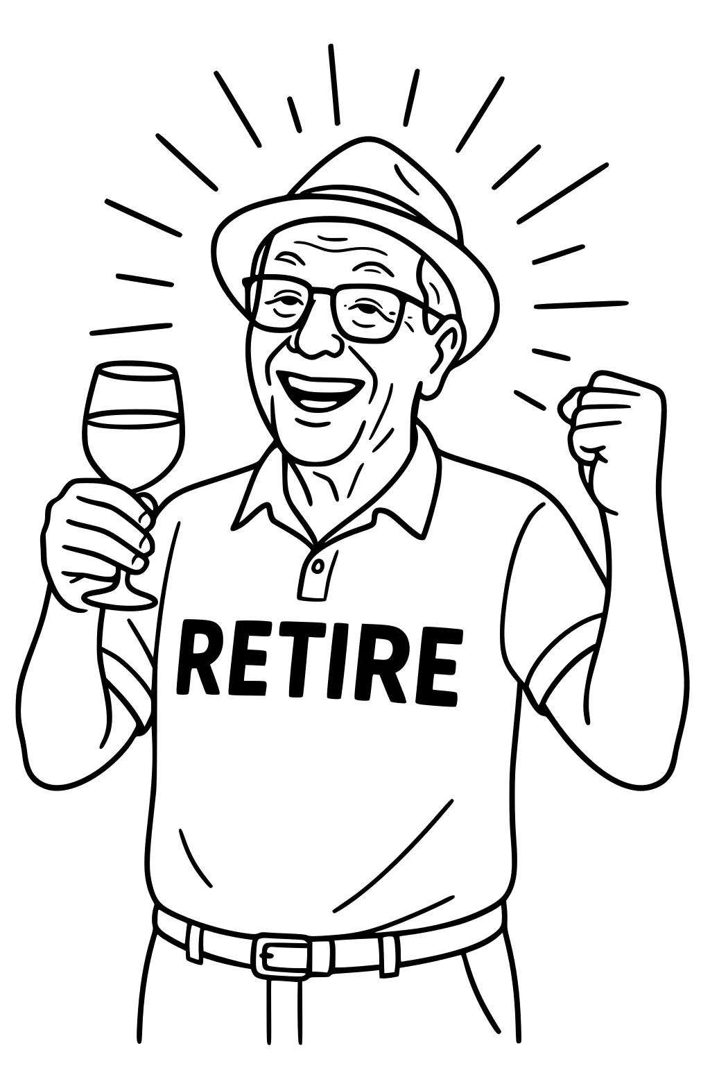 Smiling older man in hat and glasses holds a glass, raises a fist, wears a polo with RETIRE text and lines radiate behind.
