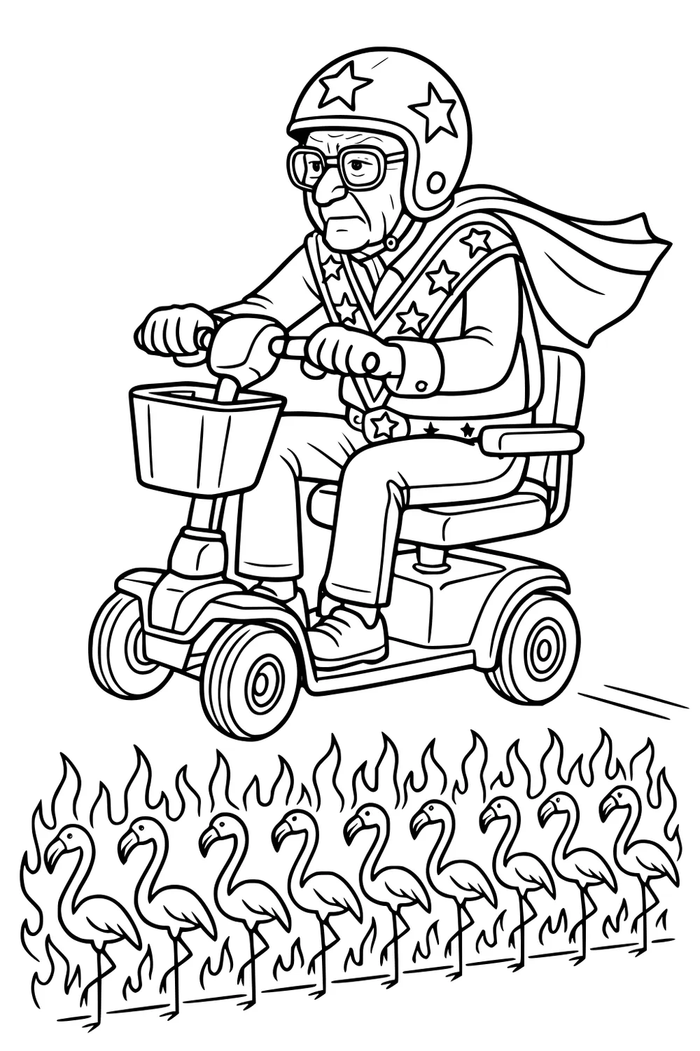 Elderly man in star helmet and cape riding a mobility scooter, with a row of flamingos and cartoon flames below.