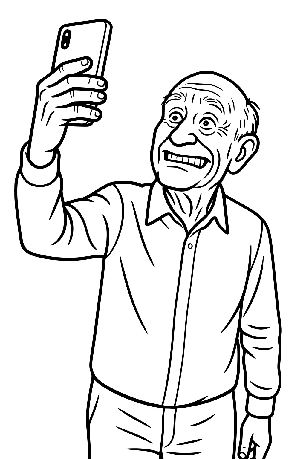 Elderly man taking a selfie with a smartphone, grinning wide, wearing a buttoned long-sleeve shirt, one arm raised.