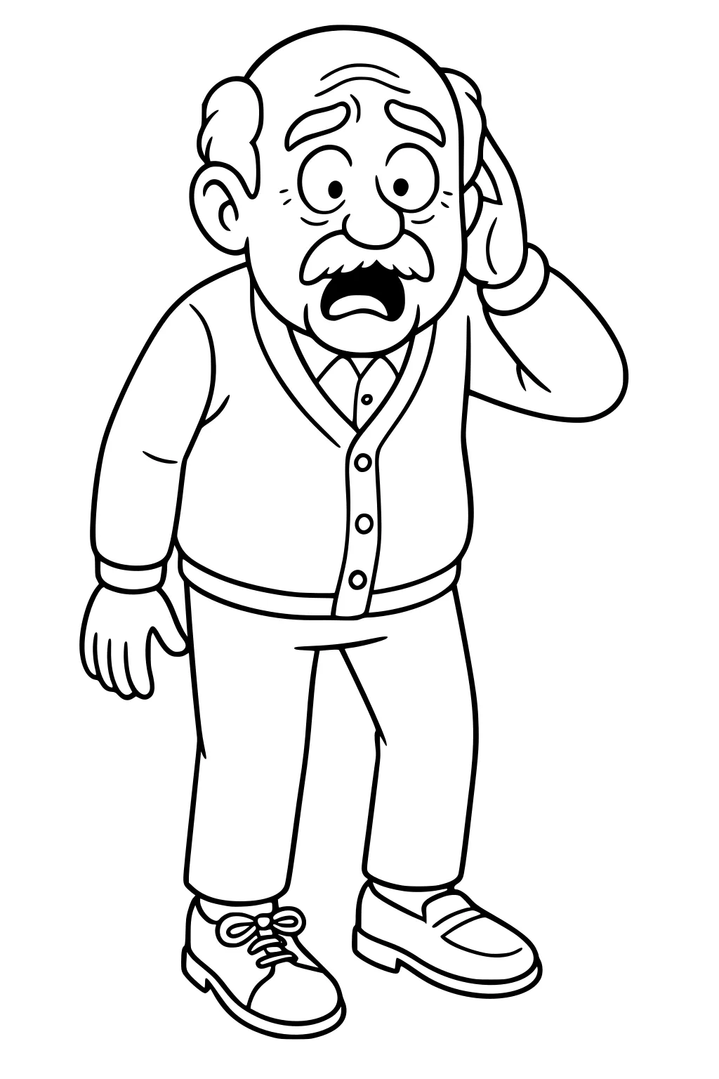 Cartoon elderly grandpa with mustache, hand to ear, surprised face, wearing a cardigan, shirt, pants, and mismatched shoes.