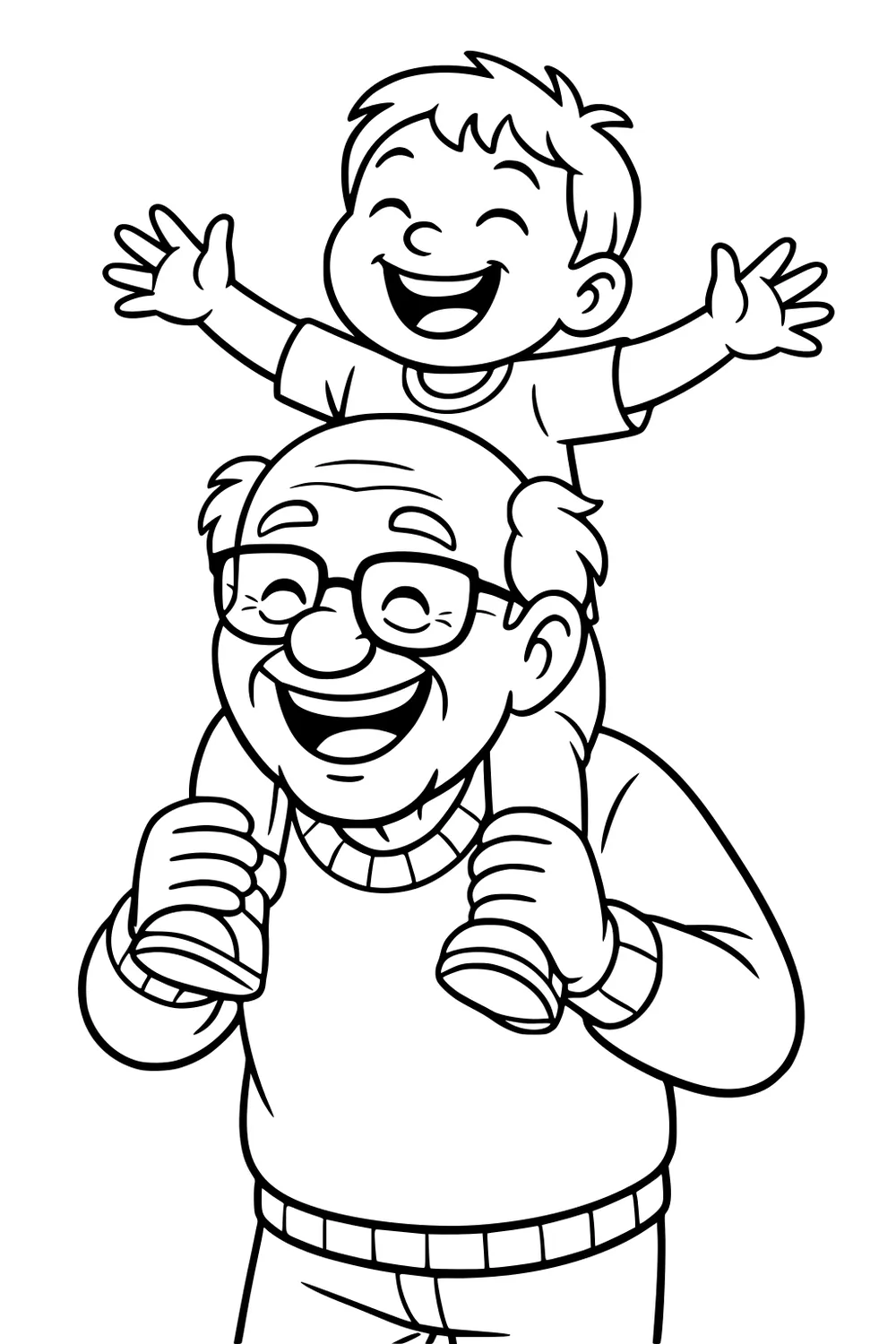 Grandfather with glasses carrying a laughing boy on his shoulders, arms wide, simple cartoon line art with big open shapes and bold outlines.