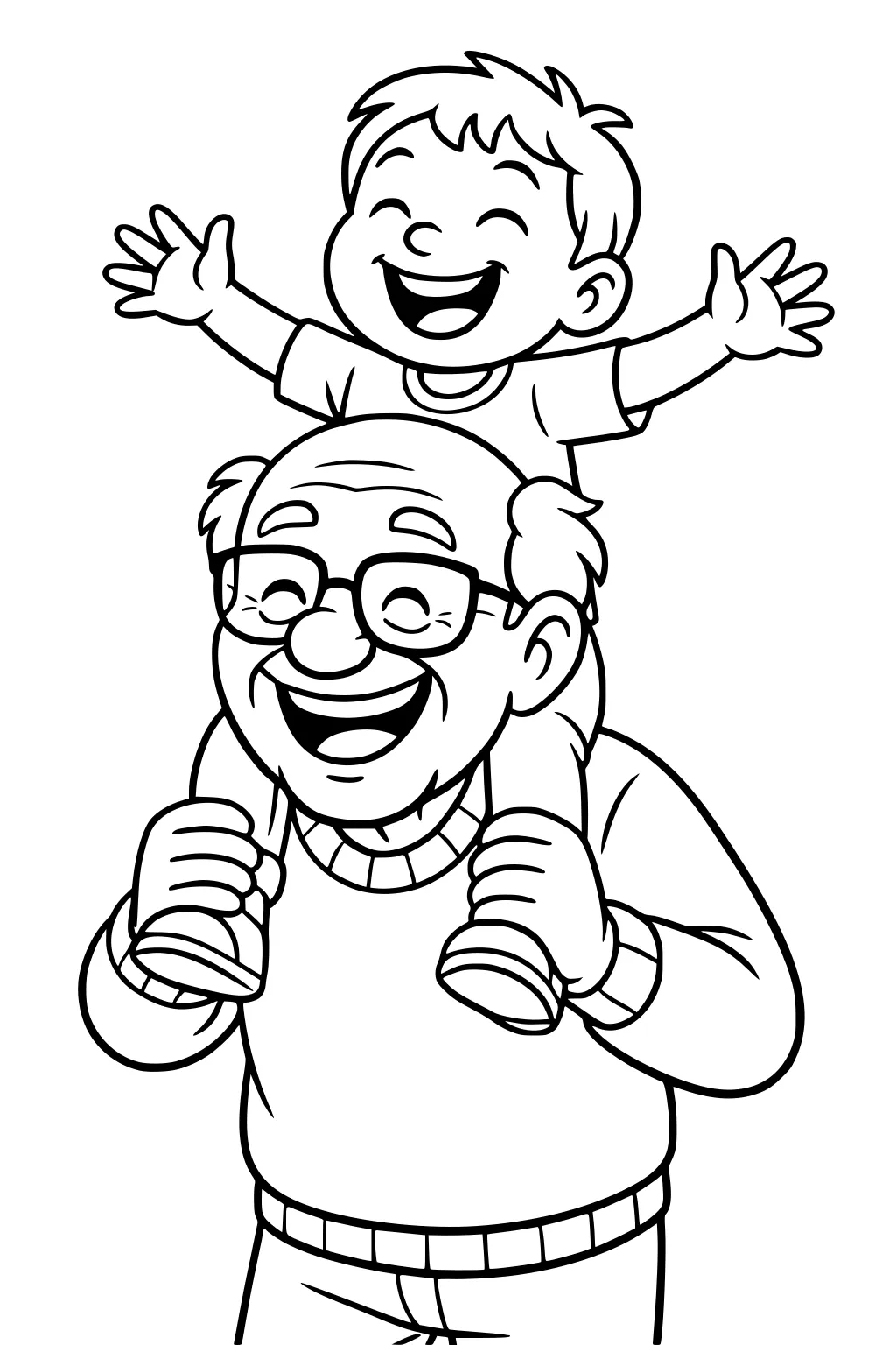 Grandfather with glasses carrying a laughing boy on his shoulders, arms wide, simple cartoon line art with big open shapes and bold outlines.