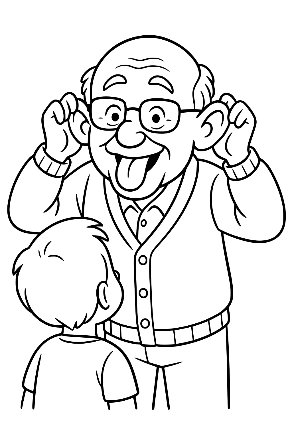 Elderly grandpa in glasses pulls his ears and sticks out his tongue while a young boy looks up, simple cartoon line art.