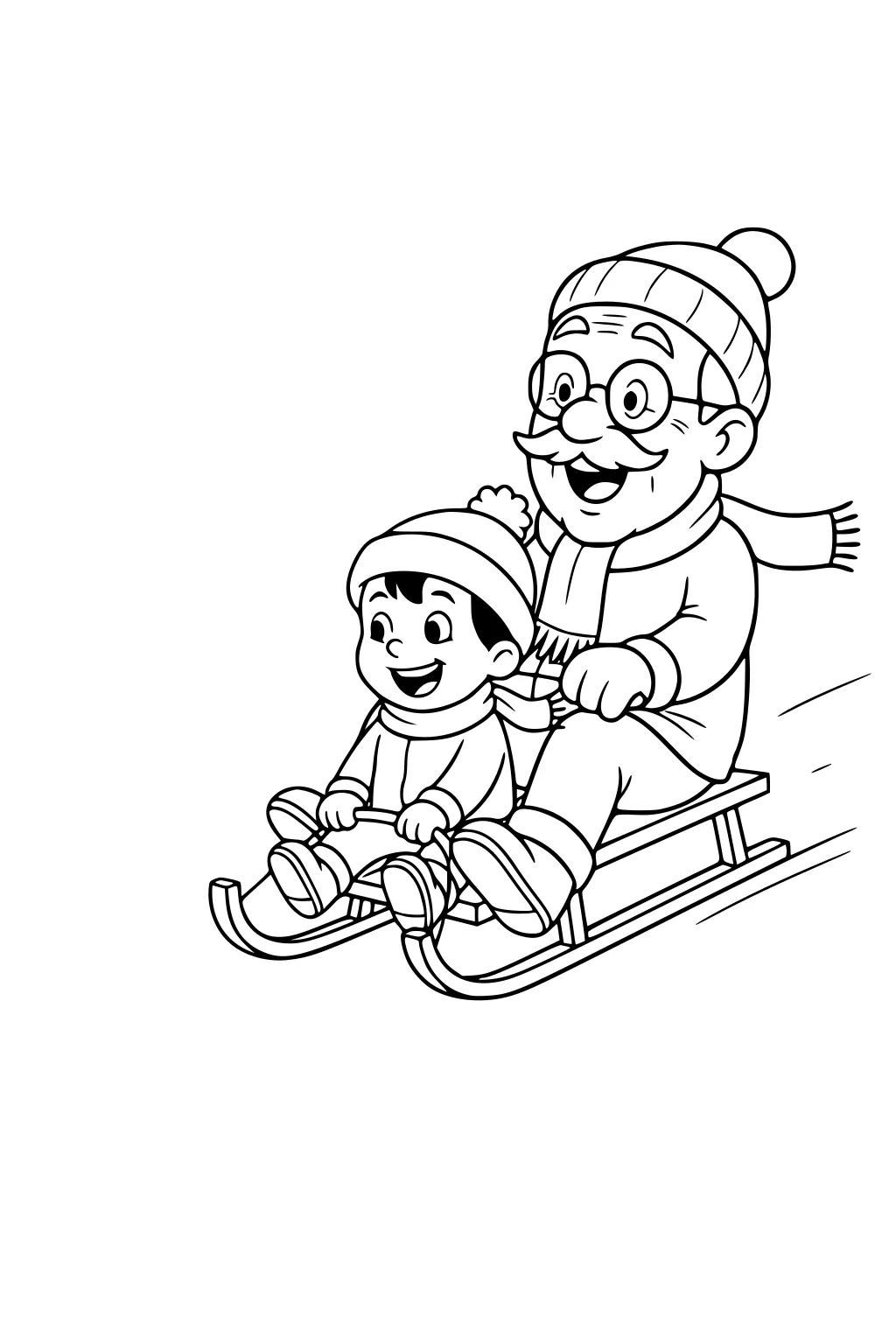 Grandpa with glasses sleds behind his smiling grandson; both wear hats, scarves, and boots on a wooden sled going downhill.