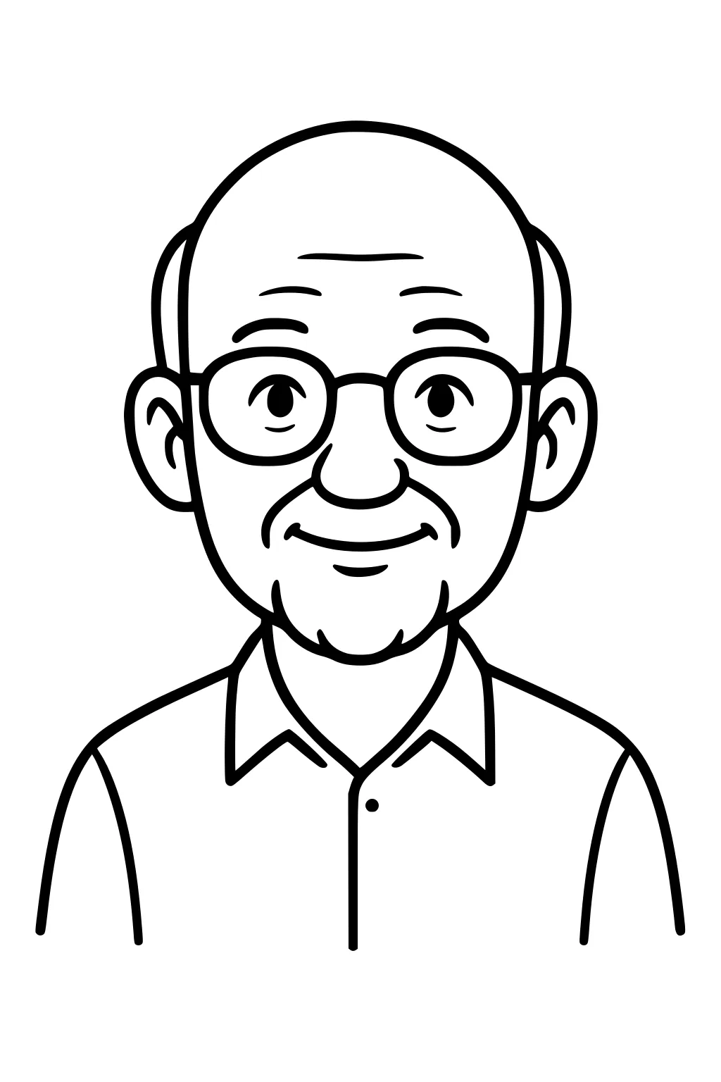 Smiling elderly man with round glasses, bald head, and collared shirt, simple cartoon portrait with bold outlines.