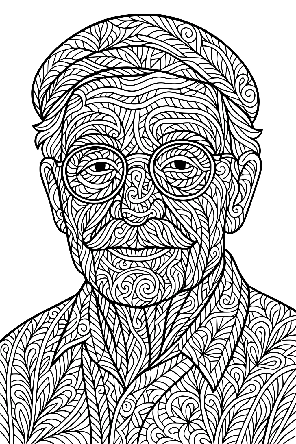 Elderly man with round glasses, cap, and mustache in a portrait filled with intricate leaf and spiral line patterns.