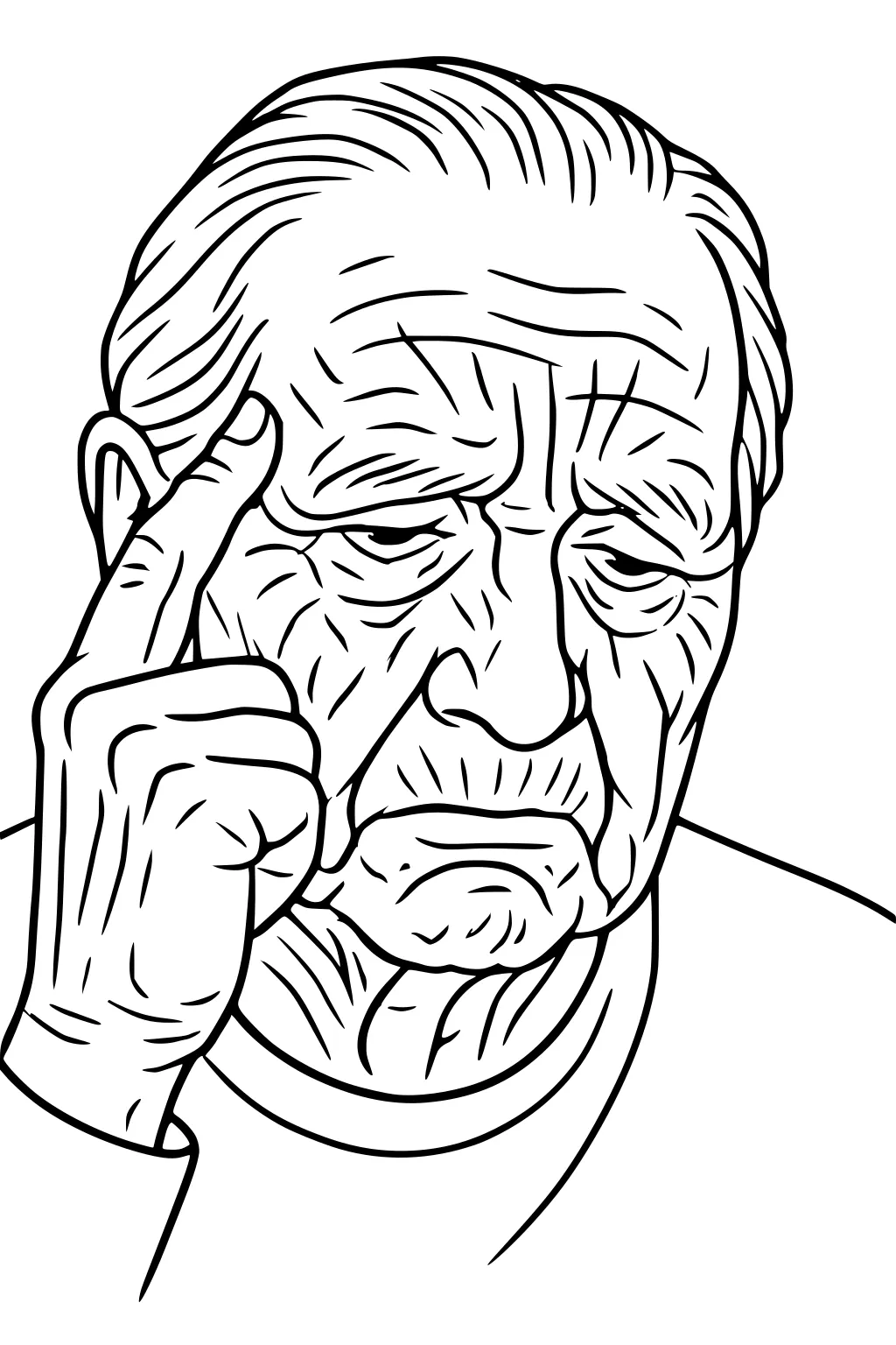 Elderly man taps his temple, lined face, short hair, plain shirt, close-up front view, black outline drawing.
