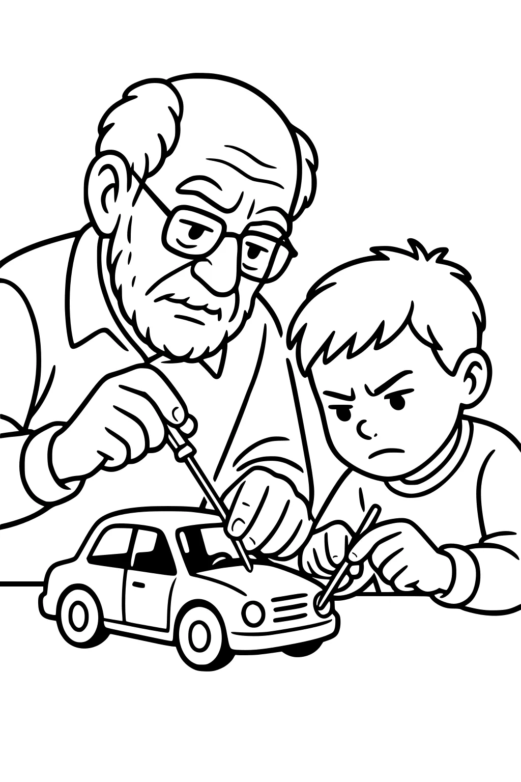 Grandpa with glasses guides a focused boy fixing a toy car with screwdrivers at a table.
