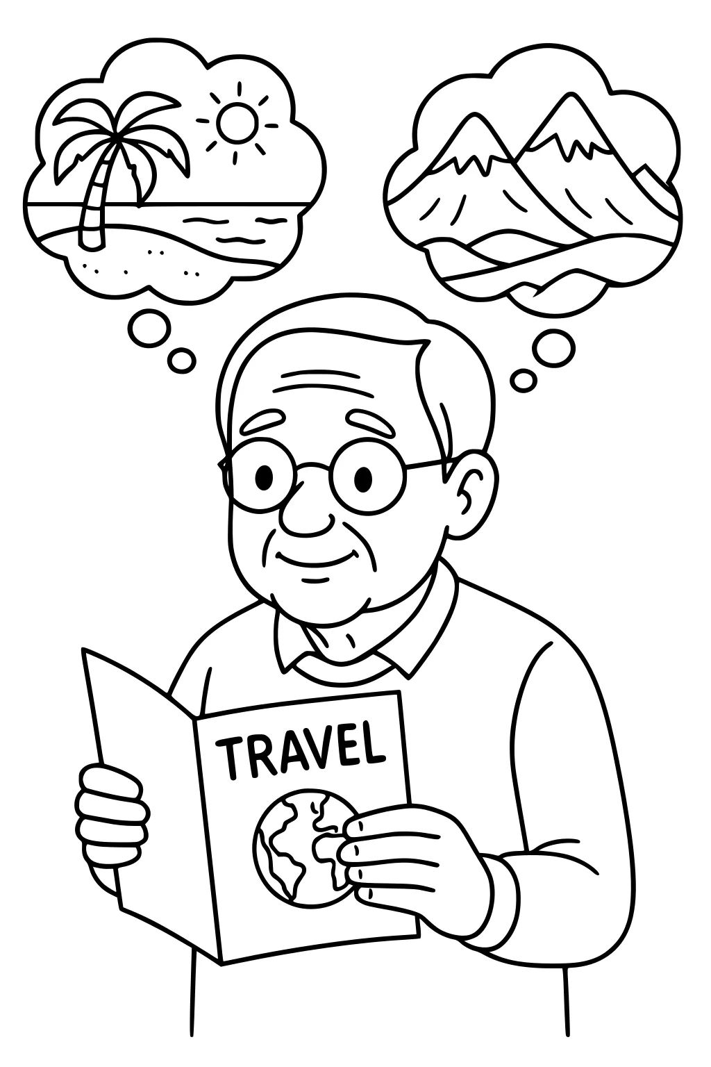 Retired man with glasses reads a travel brochure; thought bubbles show a beach with palm tree and snowy mountains.