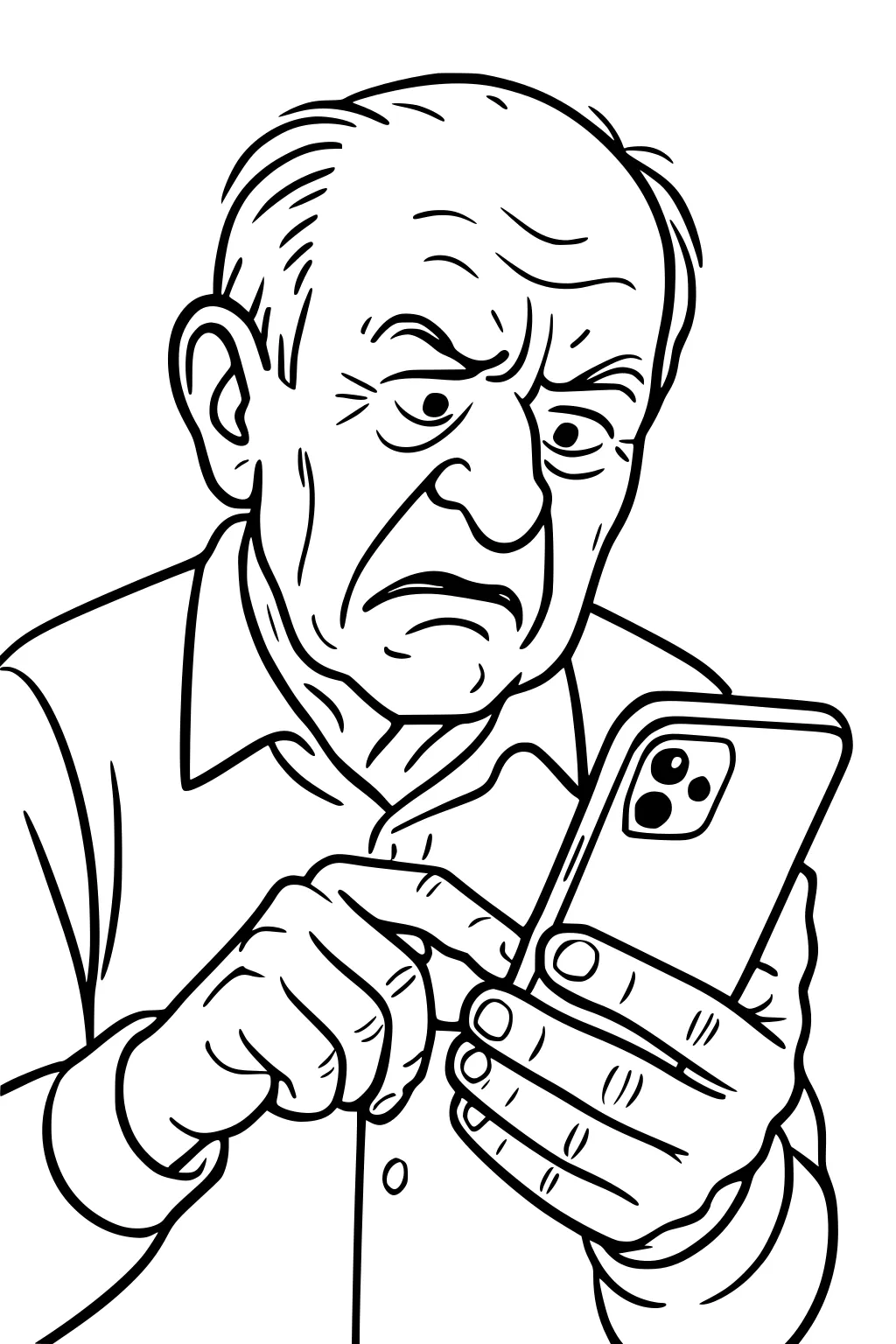 Elderly grandpa frowns at a smartphone, tapping with one finger, wearing a collared button shirt; close-up line art.
