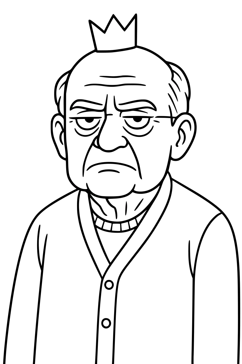Elderly grandpa in a buttoned cardigan with a small crown, frowning with droopy eyelids and bold, simple outlines.