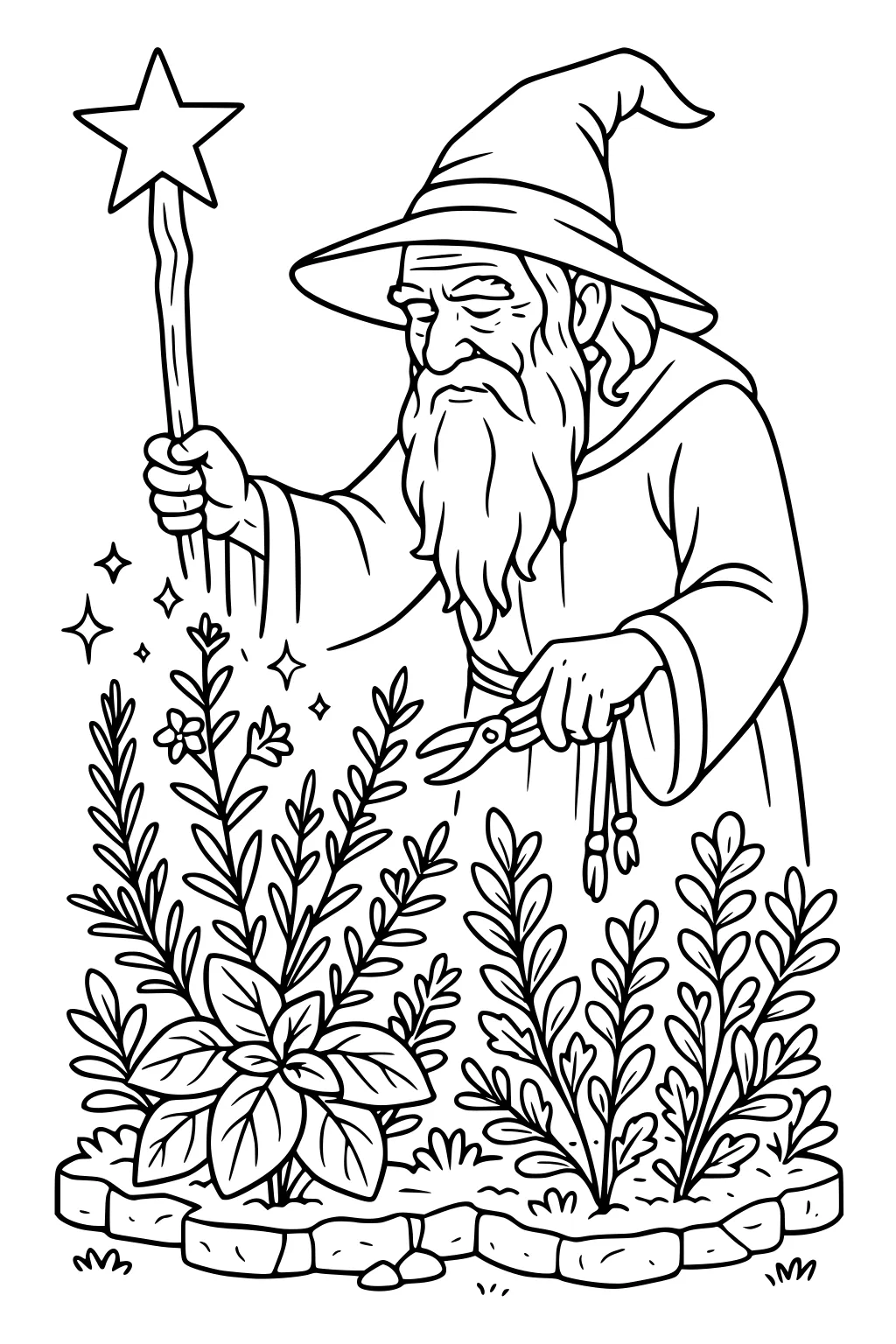 Elderly wizard with long beard and star wand trimming herbs in a stone-bordered garden, holding shears as sparkles float above plants.