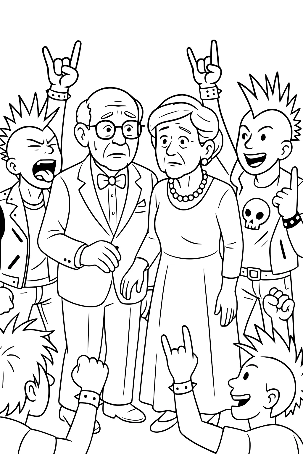 Elderly couple hold hands as mohawked boys cheer, making rock signs; leather jackets and skull shirt in cartoon line art.