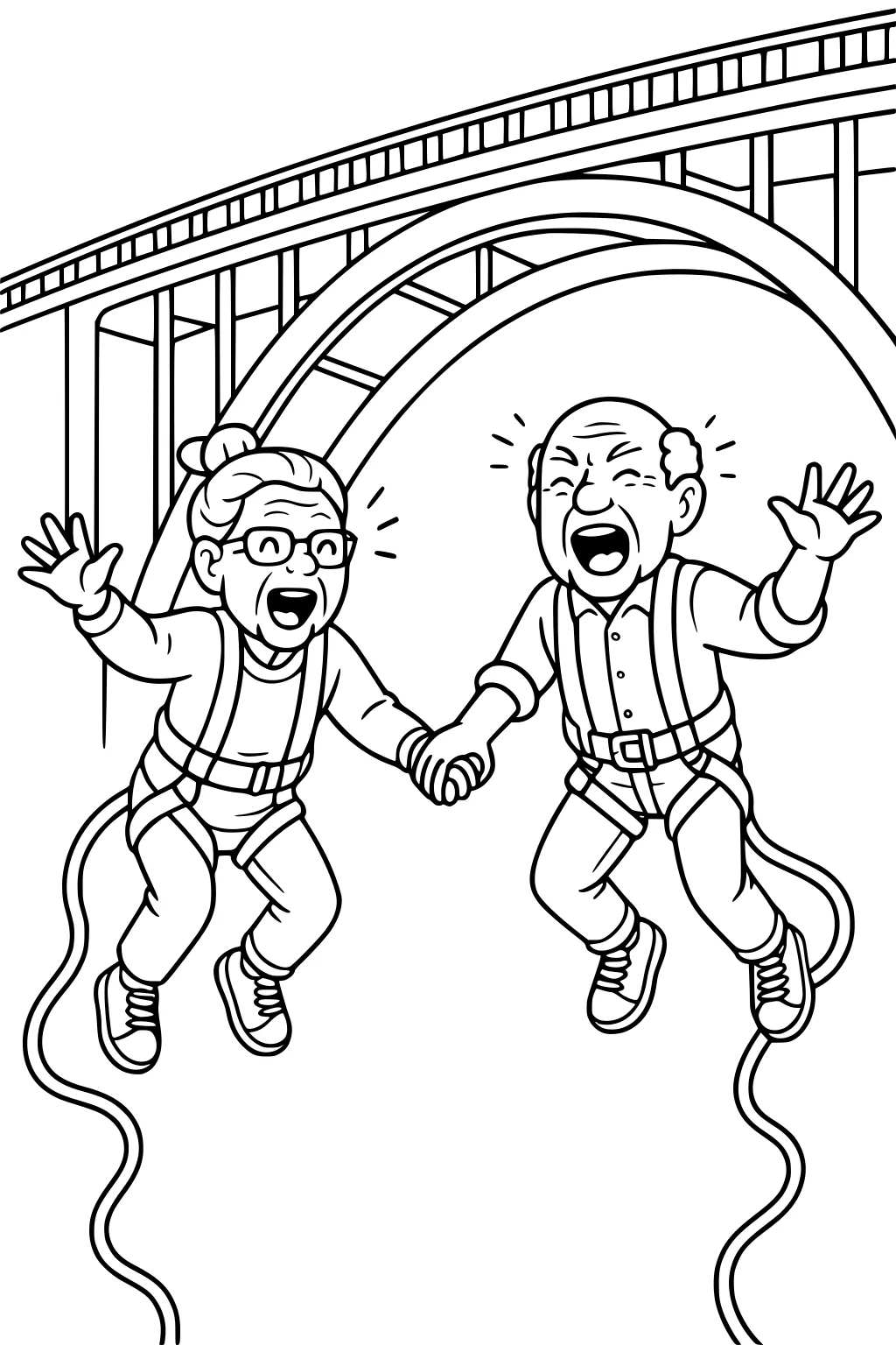 Grandma and Grandpa bungee jump from an arch bridge, holding hands, wearing harnesses and sneakers, with excited faces and long cords.