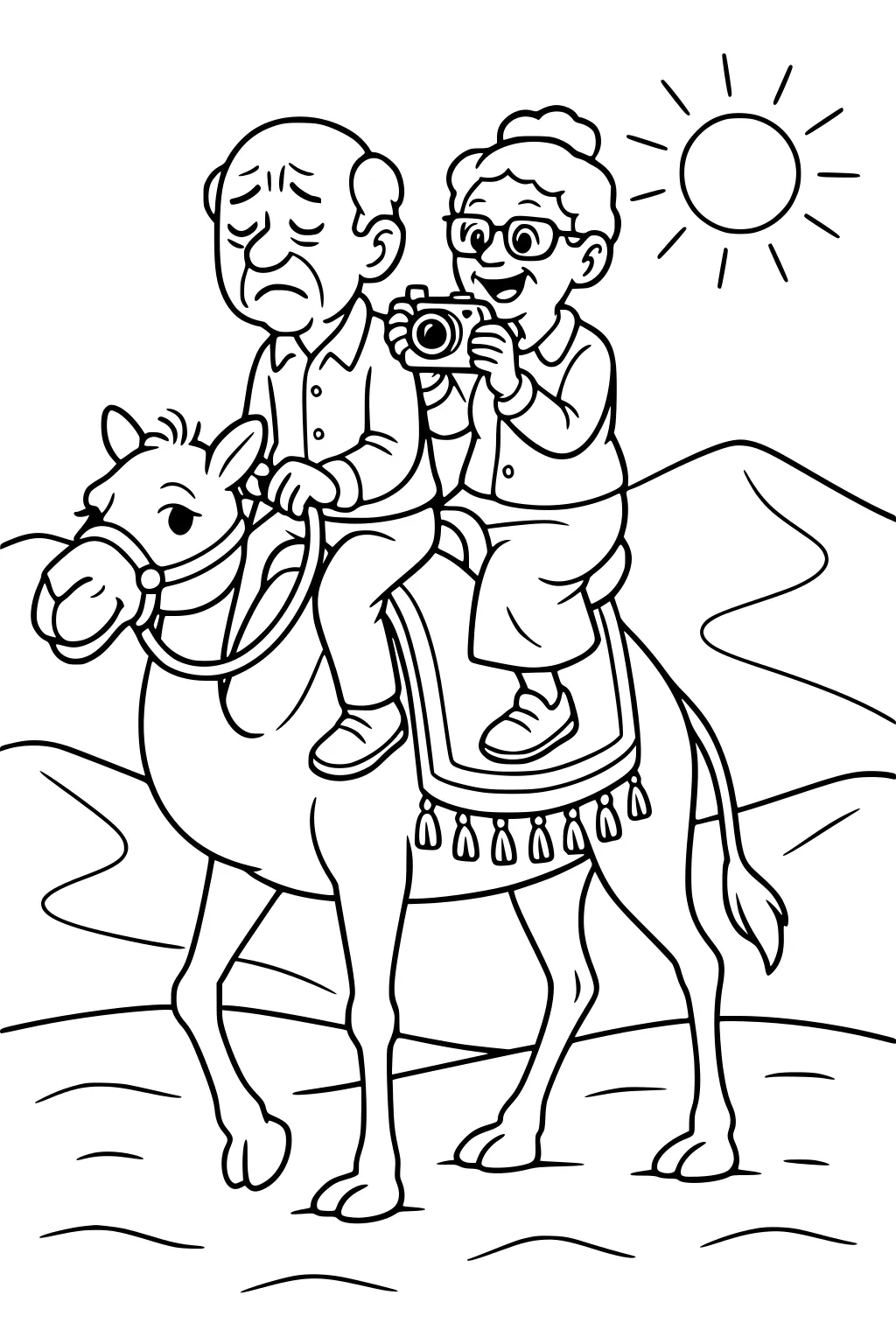 Grandma with camera and worried grandpa ride a camel over desert dunes under bright sun, with a tasseled saddle and distant mountains.