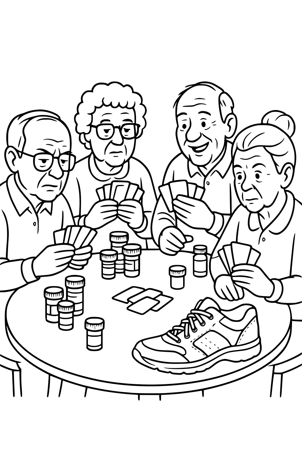 Four elderly grandparents play cards at a round table with stacks of pill bottles and a sneaker among face-down cards.