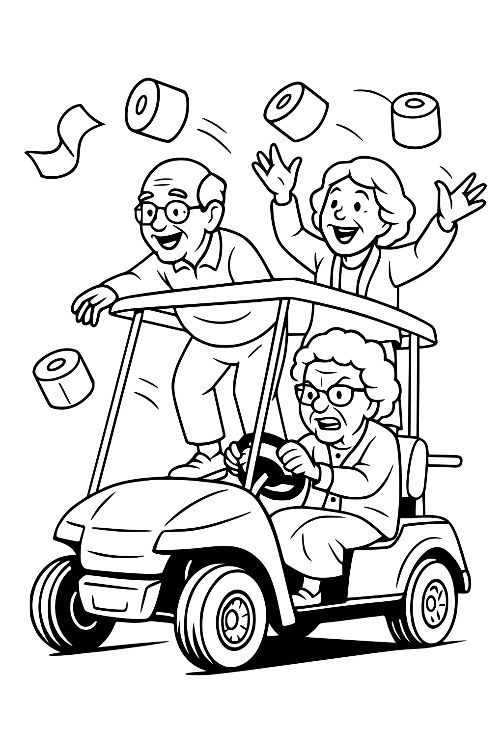 Three grandparents in a golf cart; grandma drives, grandpa leans on roof, another grandma cheers as toilet paper rolls fly.