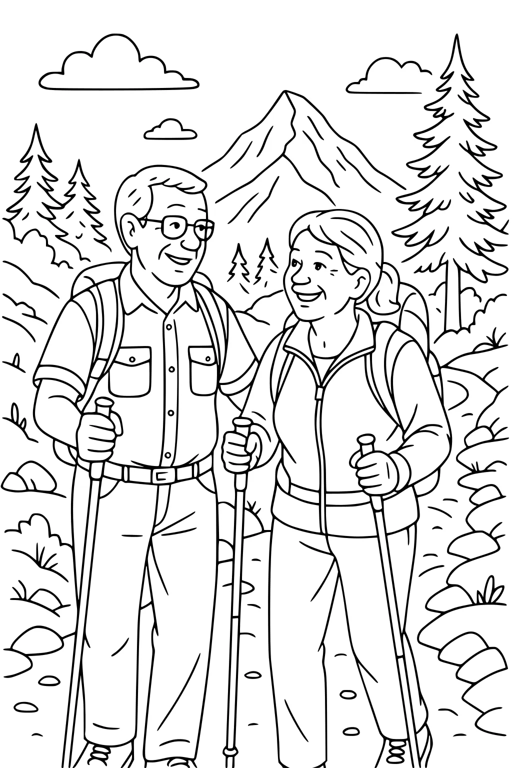 Retired couple hiking with poles on a rocky trail; backpacks, pine trees, clouds, and a mountain in the background.