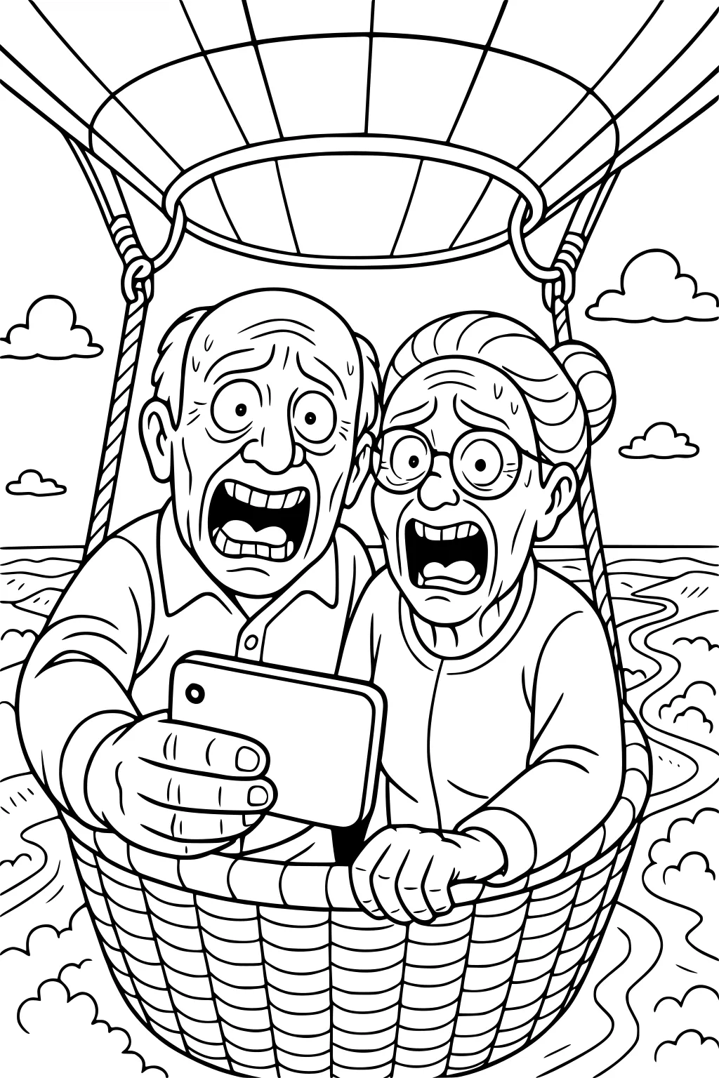Elderly couple in a hot air balloon basket taking a selfie, wide-eyed and surprised, with clouds and a winding river below.