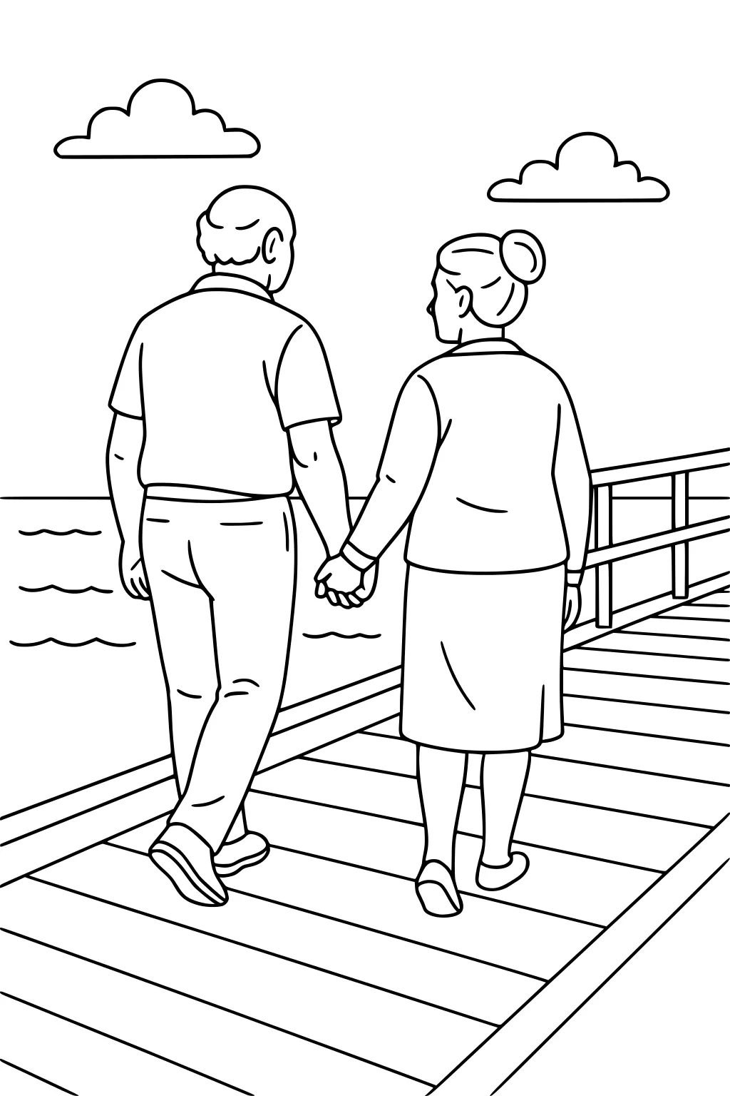Retired man and woman holding hands walking on a wooden pier beside calm water, back view, with railing and two clouds.