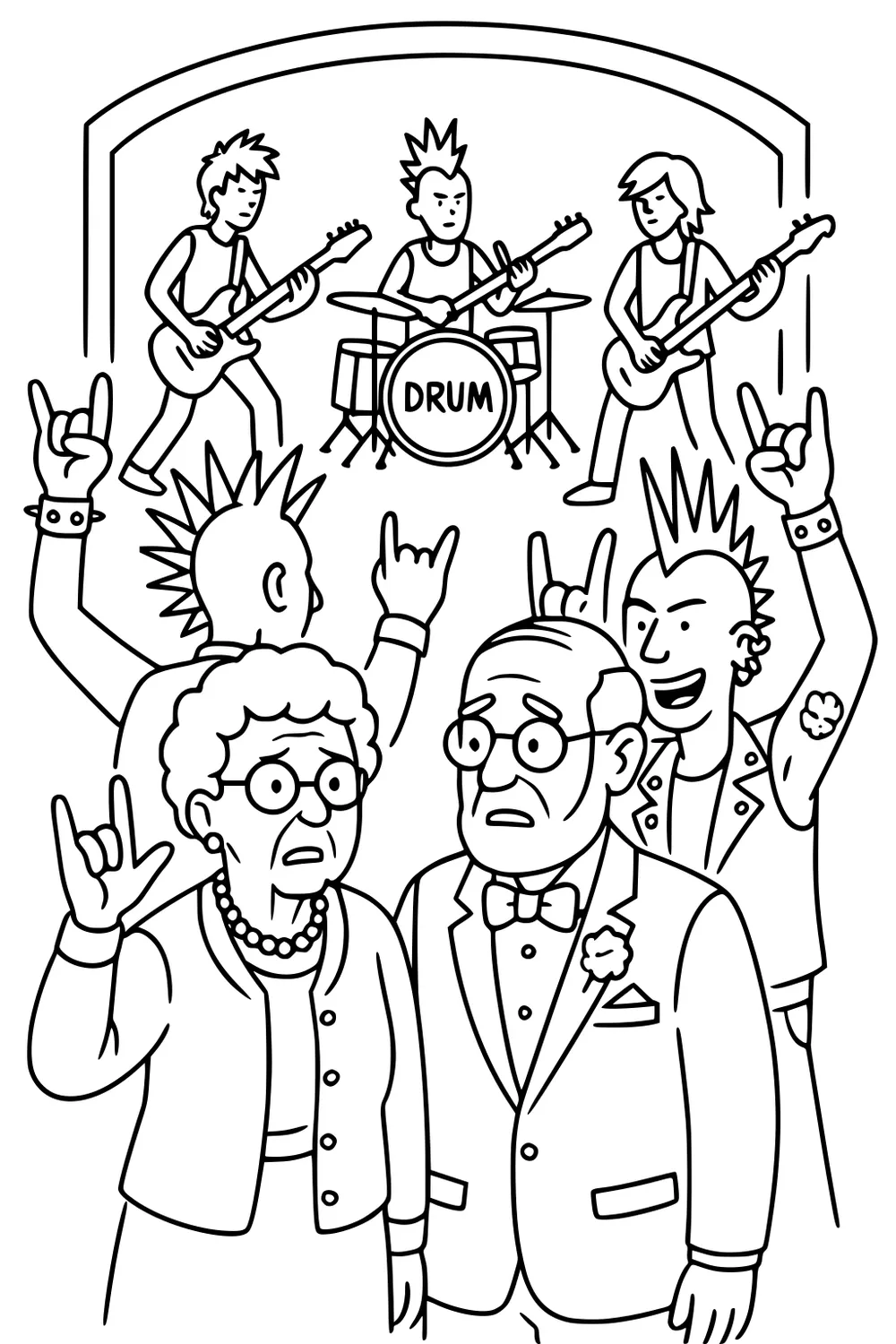 Grandma and grandpa in formal clothes at a rock concert; mohawk fans flash hand signs; band plays guitars and drums onstage.