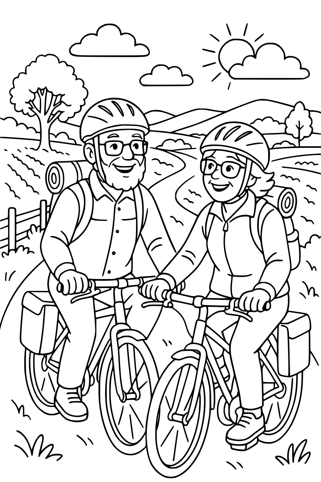 Smiling retired couple biking on a winding path, wearing helmets and backpacks, with hills, trees, sun, clouds, and a fence.