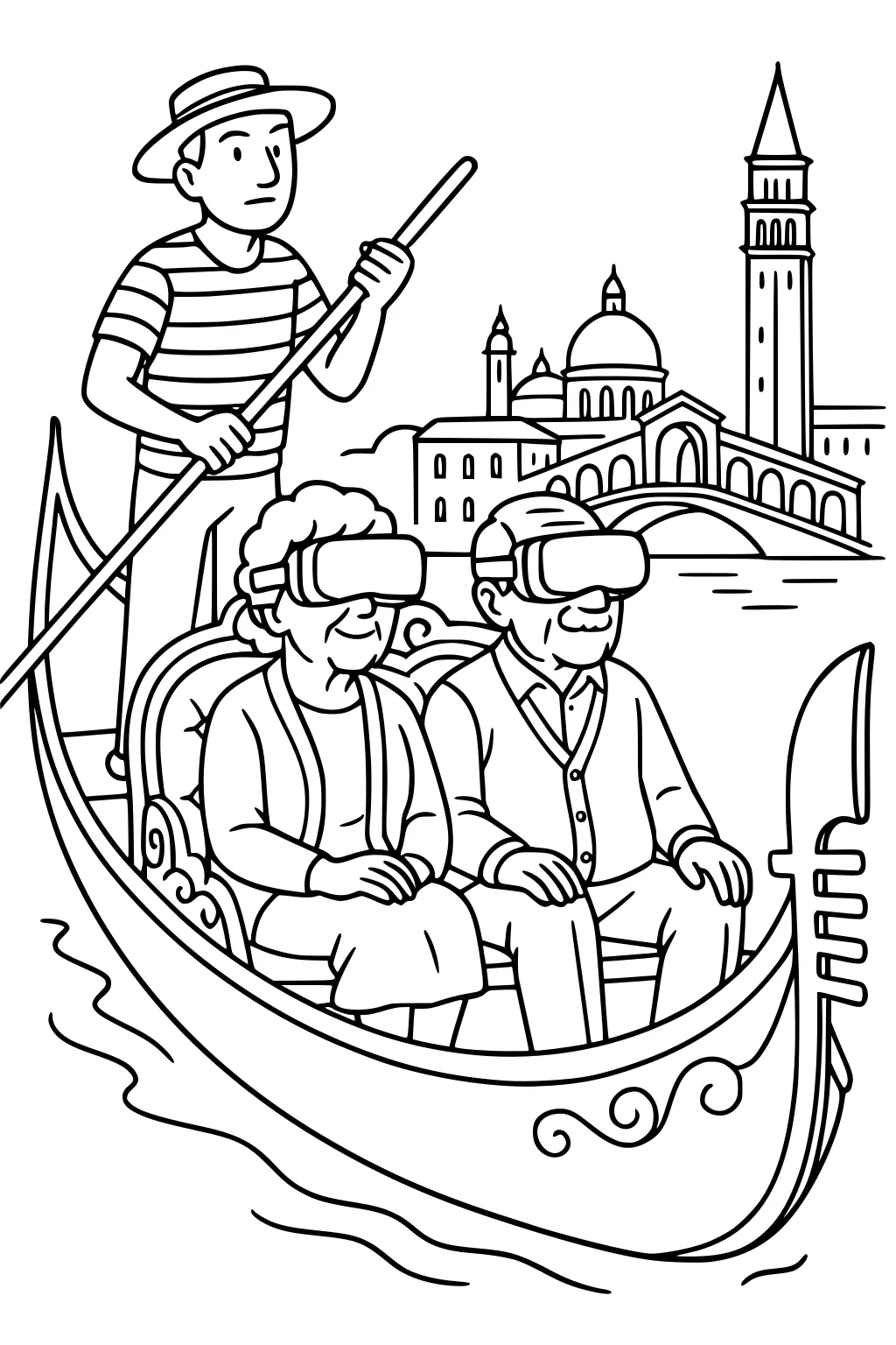 Older couple in VR headsets ride a gondola steered by a striped gondolier; Venice bridge, domes, and bell tower behind.