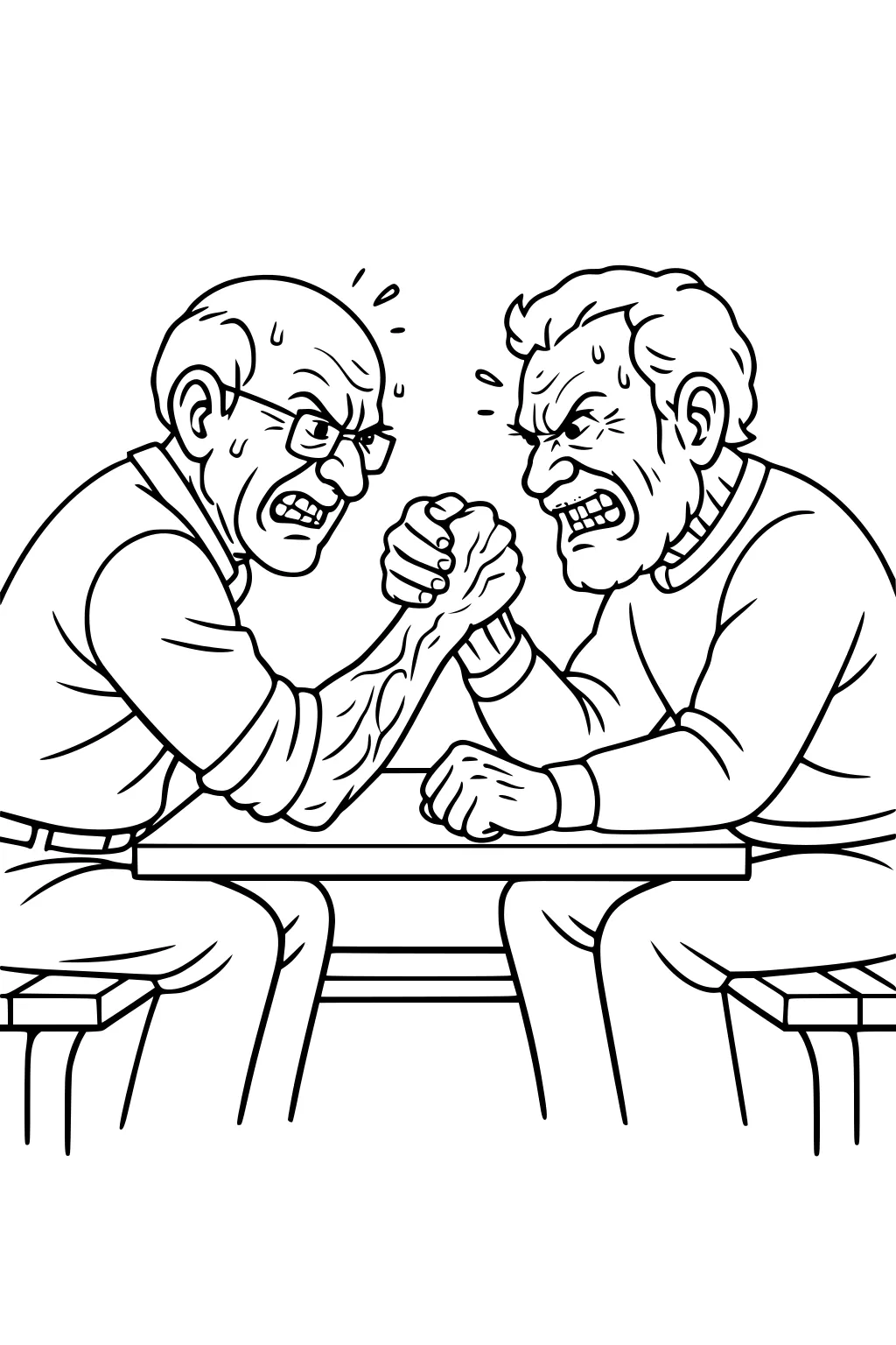 Two elderly men arm wrestling at a table, sweating with determined faces; one wears glasses and a collared shirt, the other a sweater.