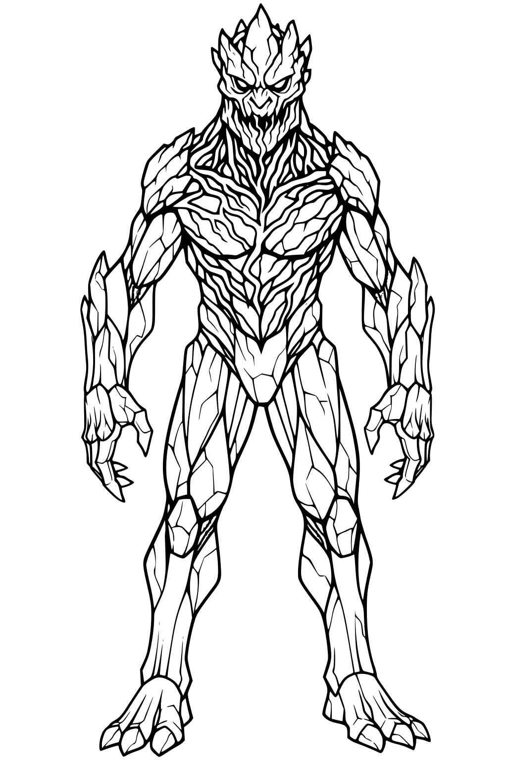 Humanoid rock elemental with cracked stone plates, clawed hands, and spiked head, standing front-facing in bold black line art.