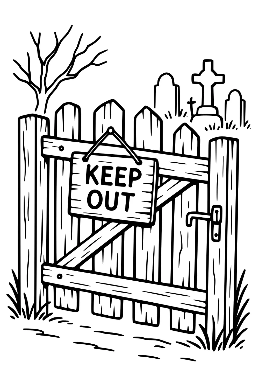 Wooden gate with KEEP OUT sign, latch, picket fence, tufts of grass, bare tree, and graveyard tombstones behind.