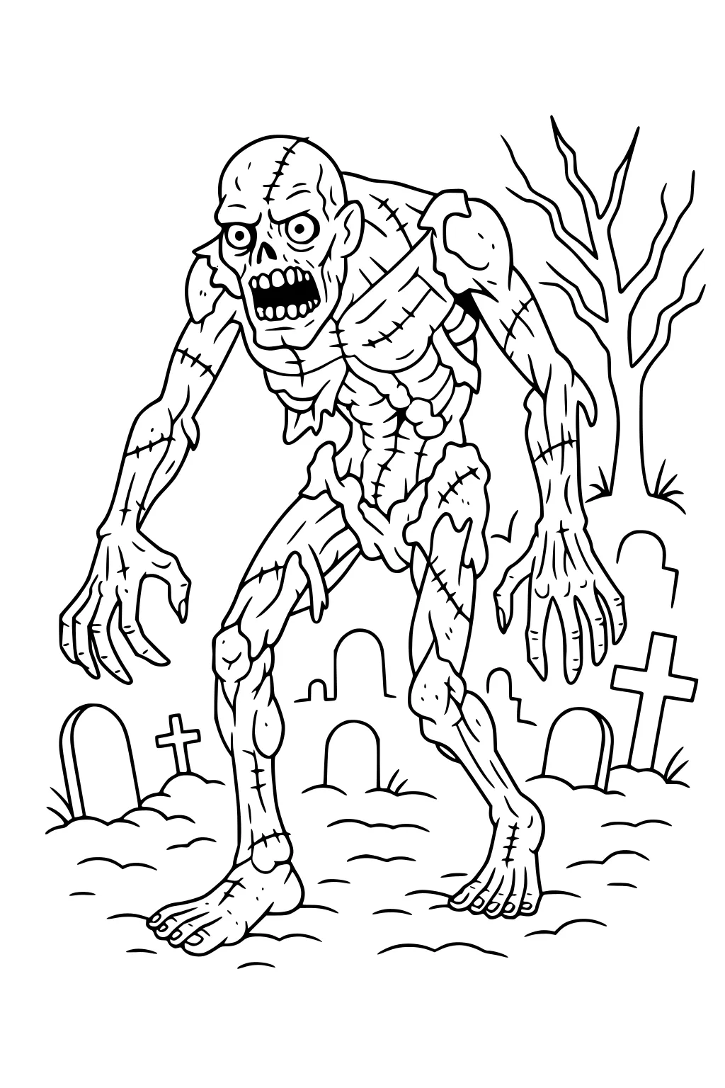 Cartoon zombie with stitches and torn clothes in a graveyard; wide eyes, open mouth, headstones and a bare tree behind.