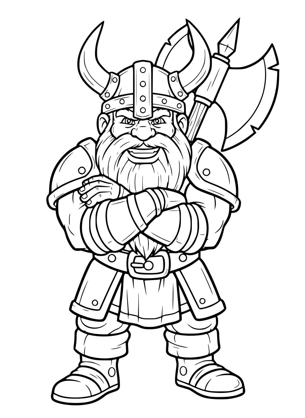 Cartoon dwarf warrior with horned helmet, thick beard, crossed arms, armor, boots, and a double-headed axe on his back.