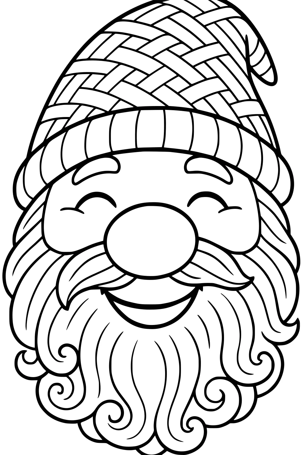 Smiling gnome face with closed eyes, round nose, woven slouchy hat, curled mustache, and long swirly beard in bold outlines.