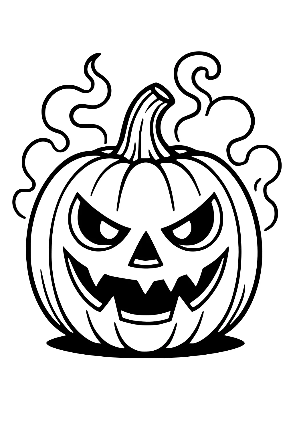 Grinning jack-o-lantern with jagged teeth, slanted eyes, swirly smoke, bold outlines, and an oval shadow below.