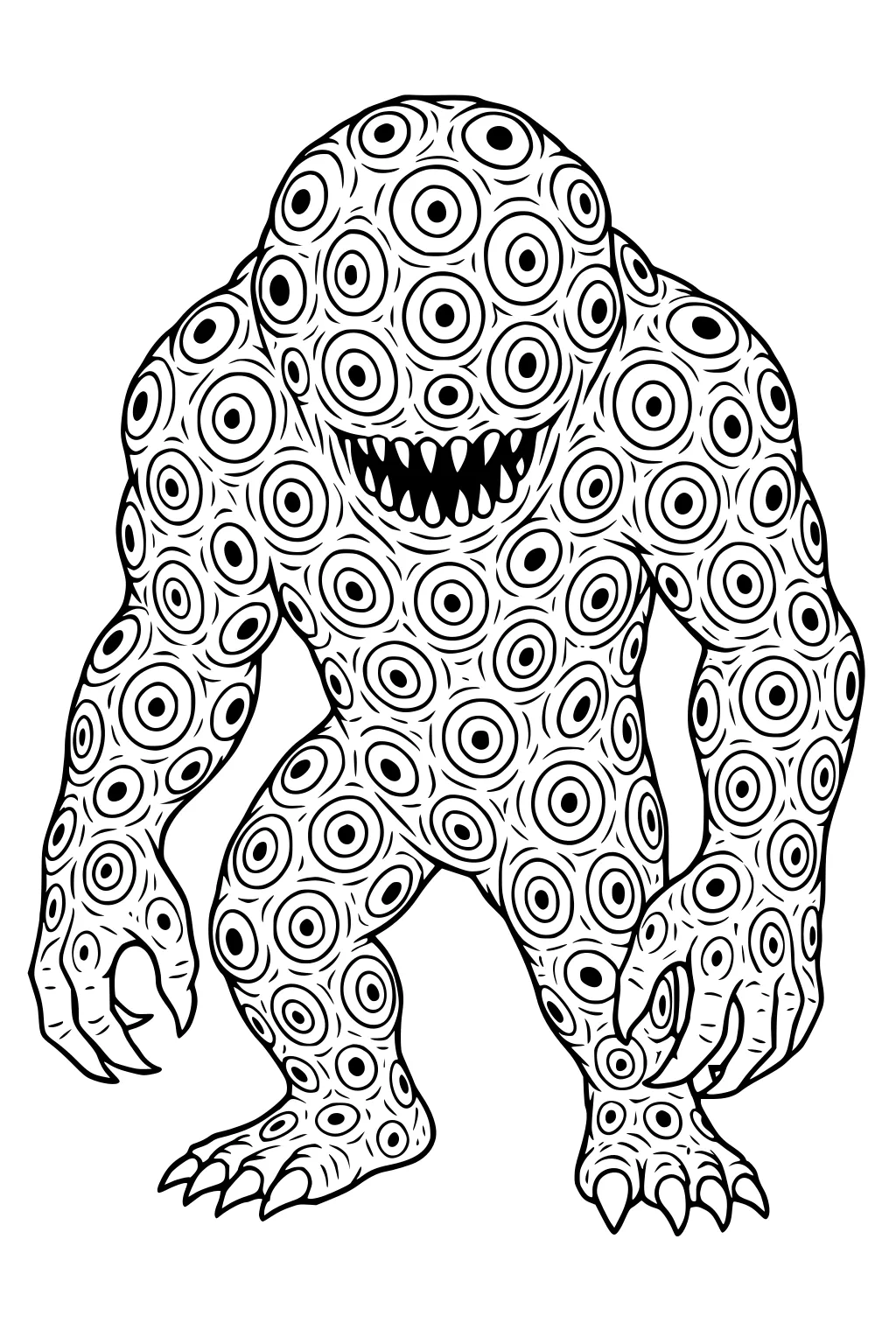 Monster covered in ringed eye-like spots, hunched with big clawed hands and feet, wide toothy grin, black-and-white line art.