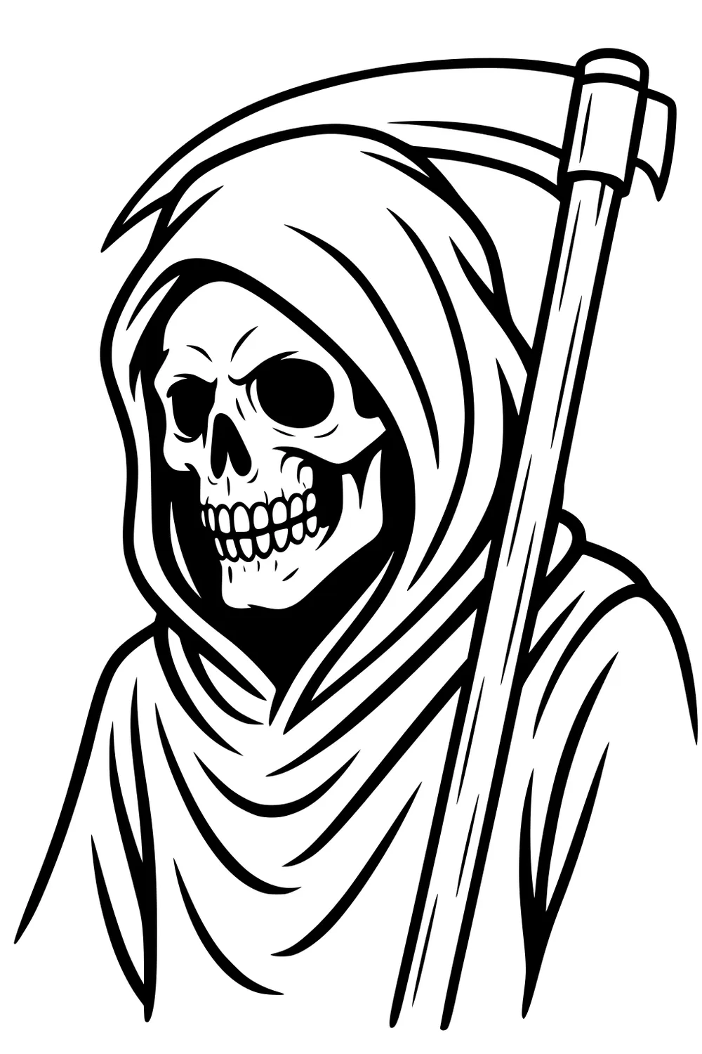 Hooded skeleton grim reaper with scythe, robe folds, and a toothy skull grin in black-and-white line art.