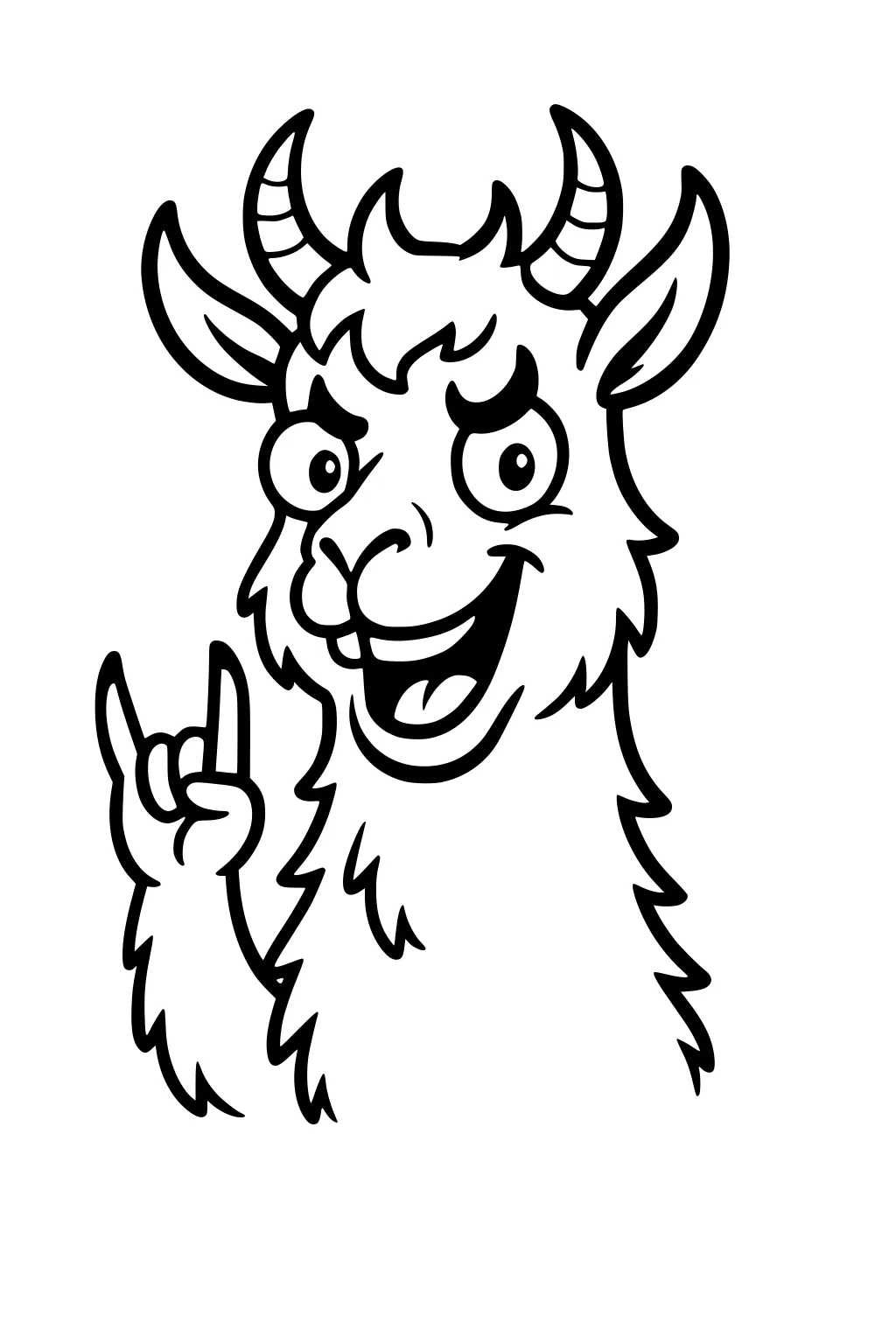 Cartoon llama with horns, big smile, bushy fur, and one hoof making a rock gesture.