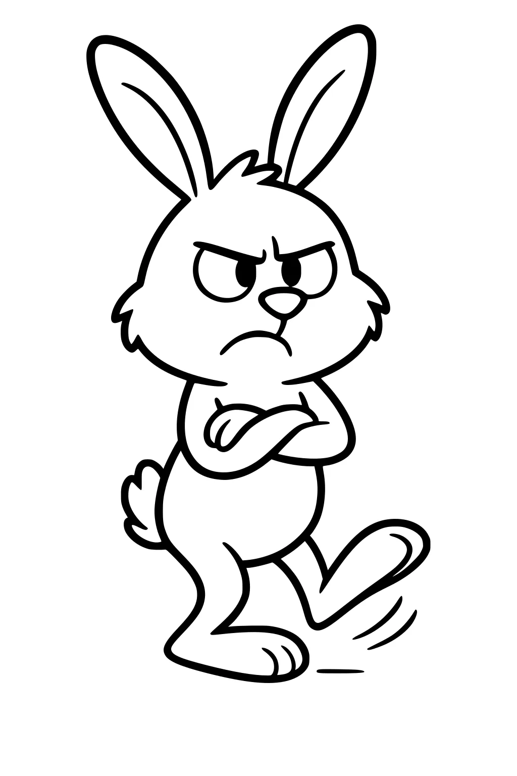 Cartoon rabbit with upright ears, crossed arms, angry face, and one foot stomping.