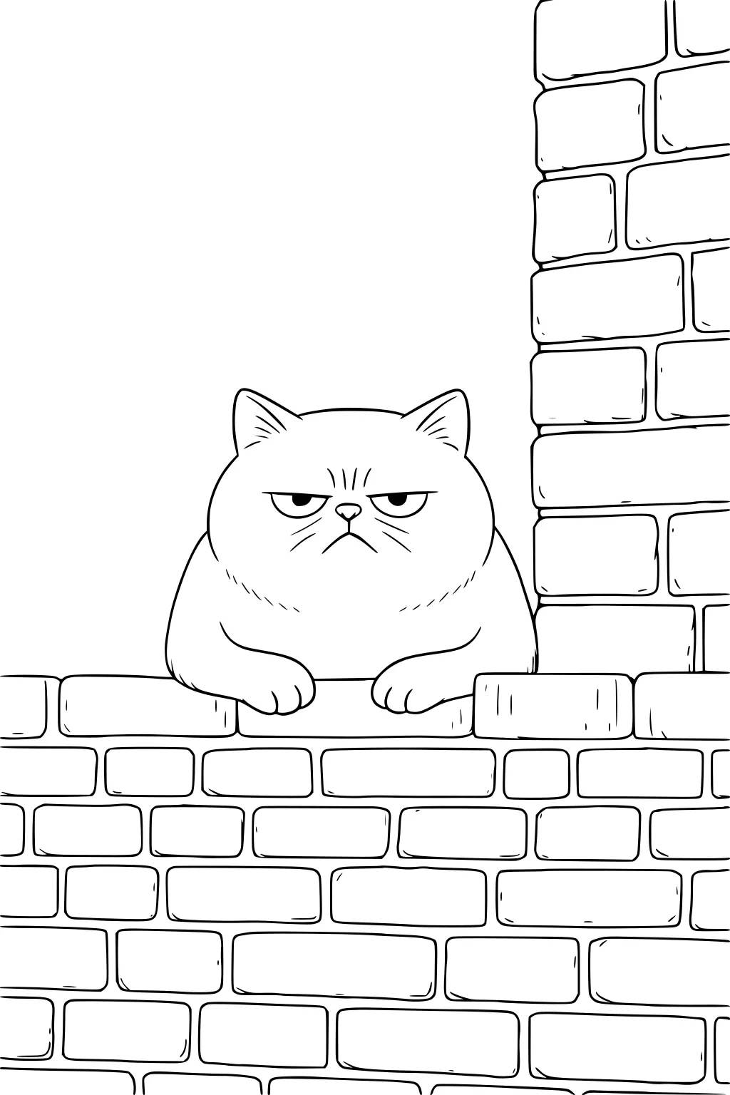 A grumpy cat sits on a brick wall next to a taller brick wall, facing forward with a flat expression.