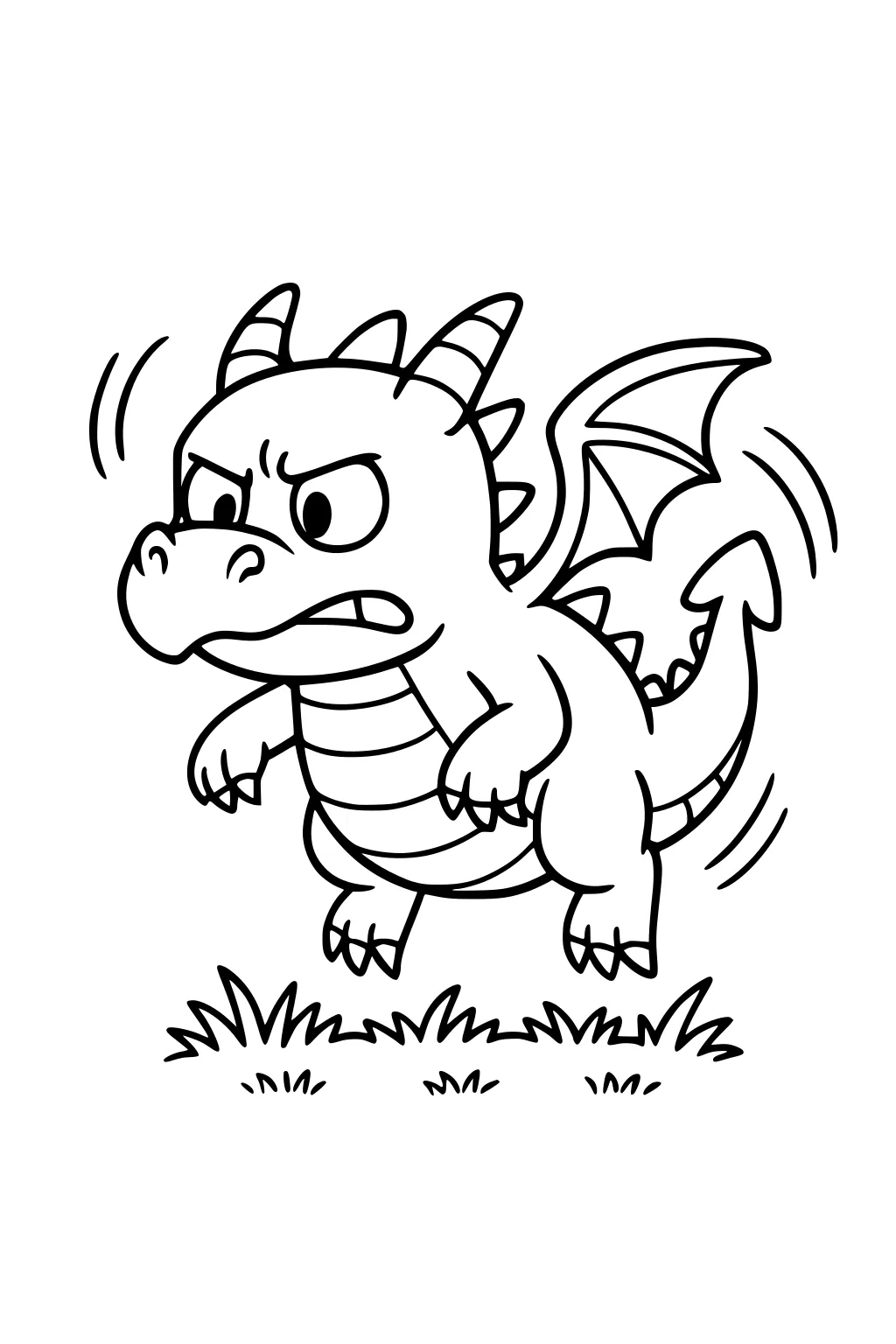 Cartoon dragon with horns and small wings jumps over grass, frowning, striped belly, spiky tail, and motion lines.