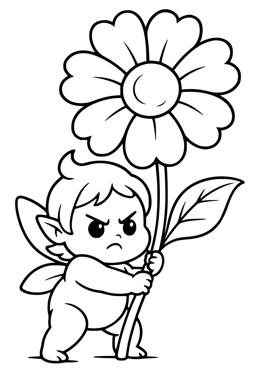 Boy fairy with wings holds a giant daisy, frowning, with round petals and one leaf; simple bold outline.