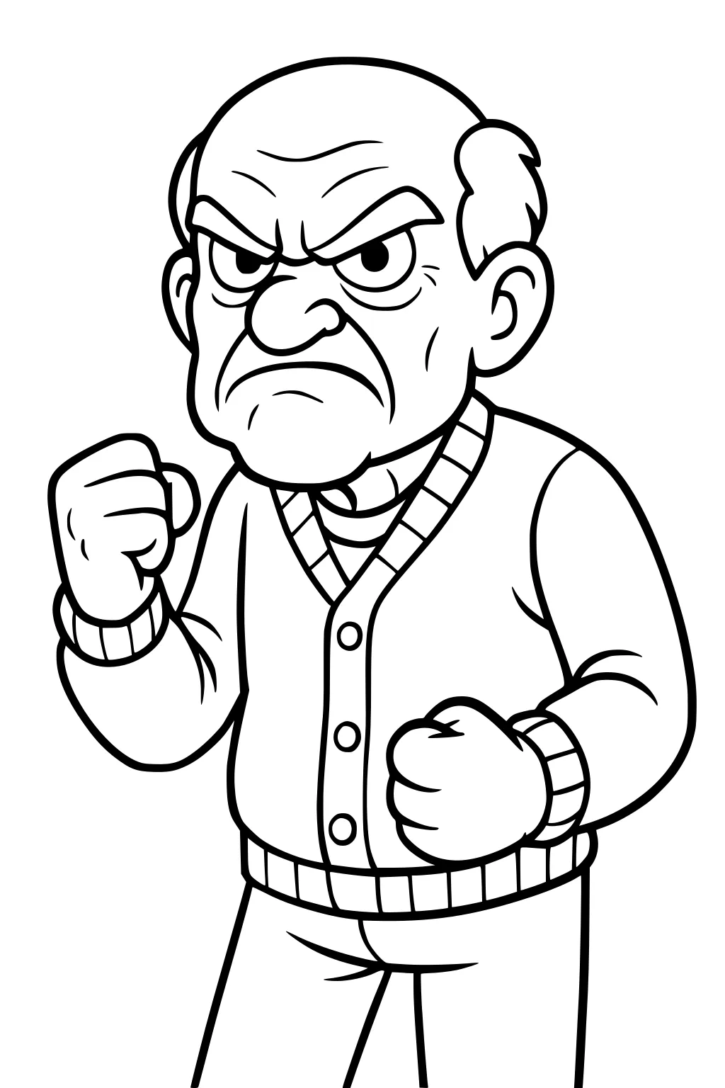 Cartoon grandpa, bald with side hair, frowning and clenching fists, wearing a buttoned cardigan and pants, outlined for coloring.