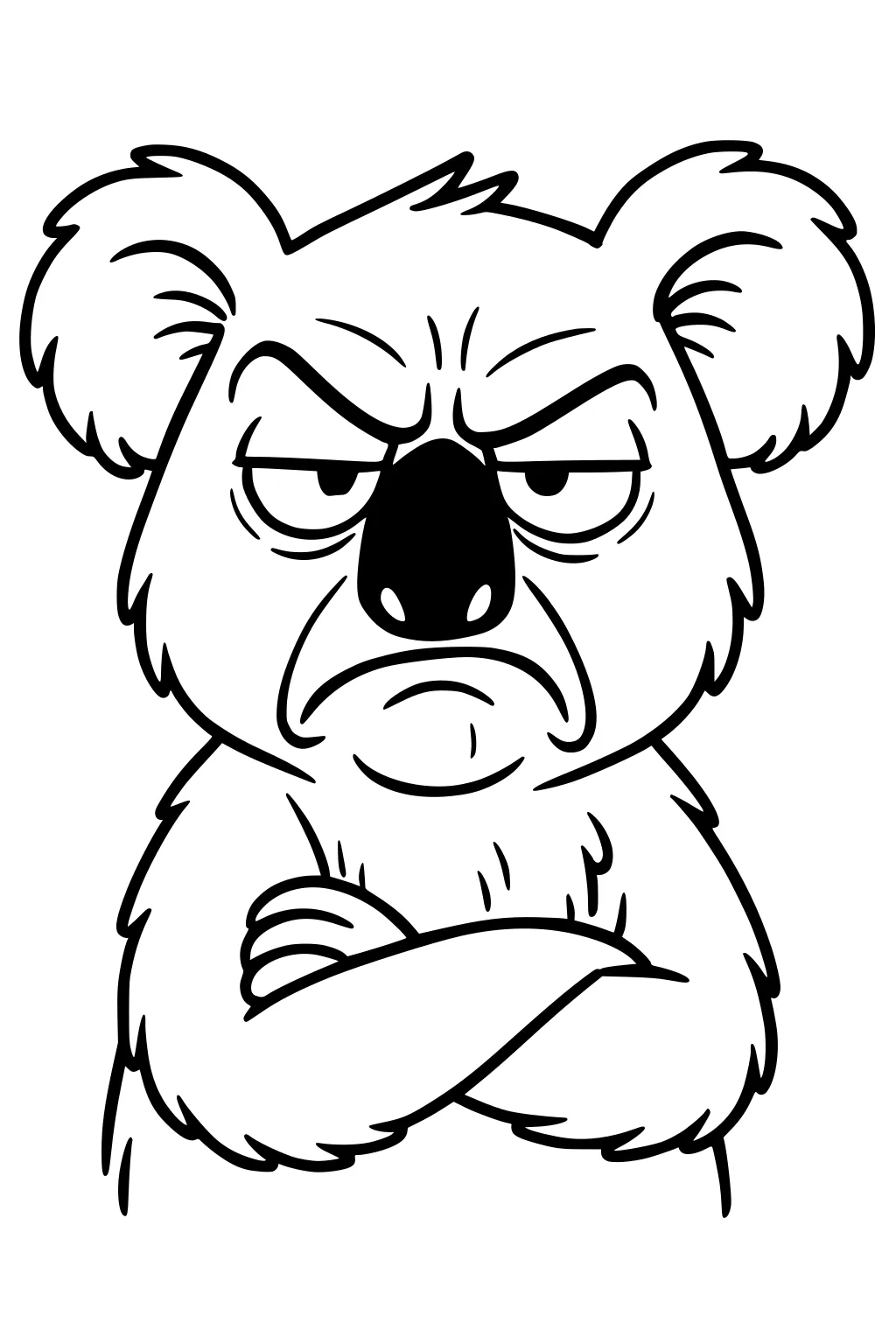 Cartoon koala with big ears, crossed arms, and a grumpy frown, shown from the chest up with no background.