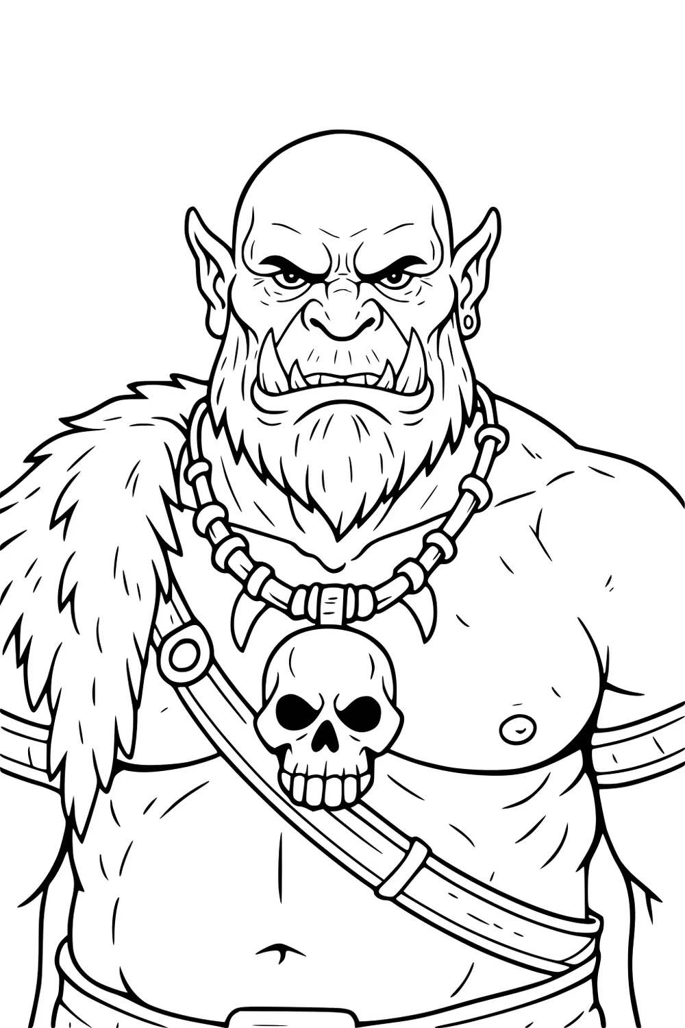 Waist-up cartoon ogre with tusks, bald head, hoop earring, fur shoulder pelt, skull necklace, and crossed chest straps.