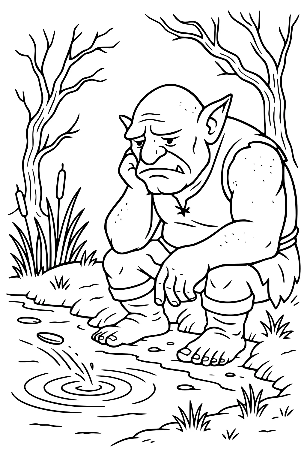 Sad ogre boy sits by a pond, flicking a pebble; ripples spread as cattails, grass, and leafless trees surround him.