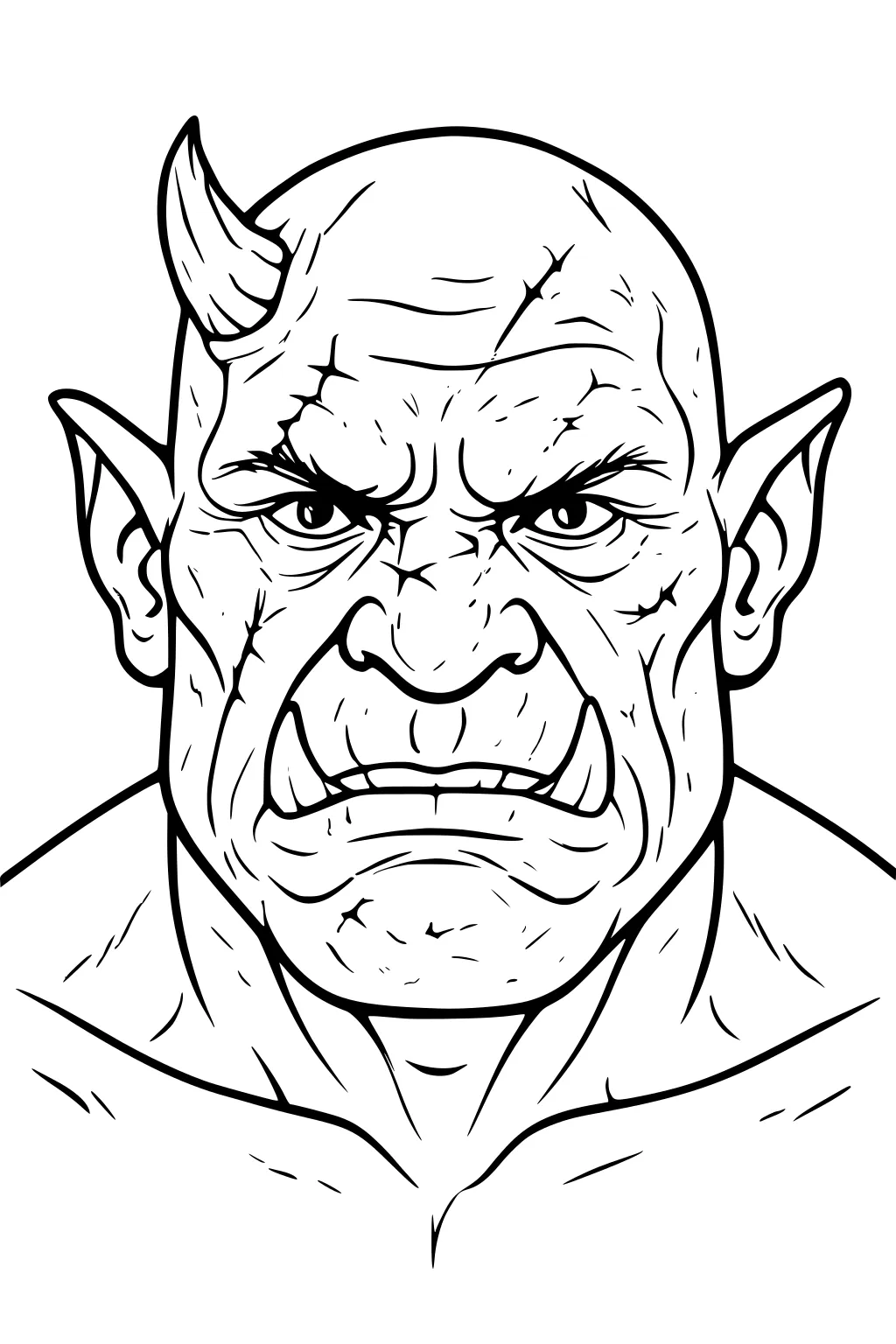 Scowling ogre head with one horn, pointed ears, tusks, and a wrinkled bald face, shown from shoulders up in bold outline.