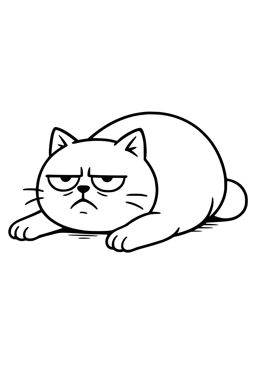 Plump cartoon cat lying down with a grumpy expression, ears up, paws stretched forward, on a blank background.